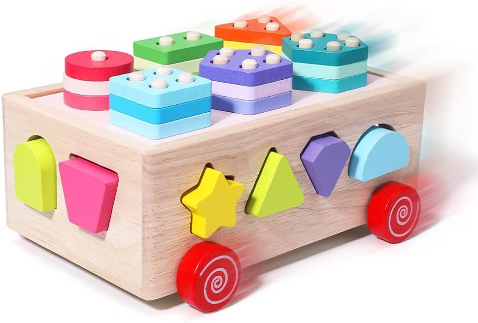 Montessori Wooden Shape Sorter & Stacking Toy – Educational Sensory Toy for Toddlers 1-3 Years