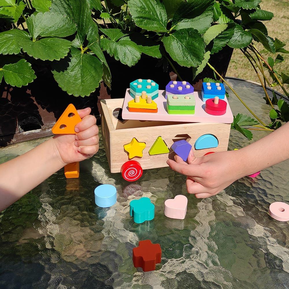 Montessori Wooden Shape Sorter & Stacking Toy – Educational Sensory Toy for Toddlers 1-3 Years